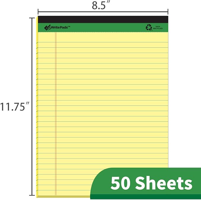 KAISA Legal Pad Writing Pads, 5"x8" Legal Ruled, 8.5"x11.75" Wide Ruled, 56GSM Paper Notepads, 12pads (Canary 24pad, 8.5x11.75inch)