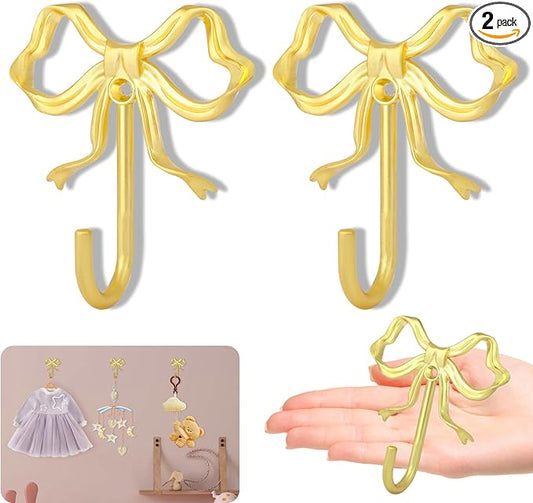 2Pcs Large Size Gold Bow Wall Hook, Metal Hook, Bow Room Decor Hooks