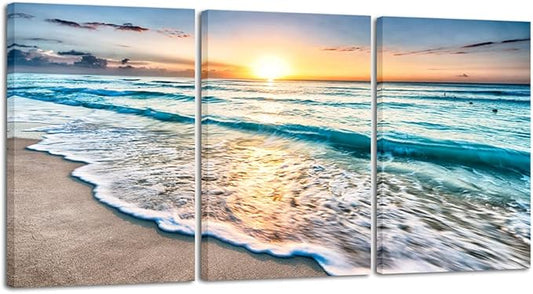Wieco Art 3 Panels Blue Beach Sunrise White Wave Pictures on Canvas Wall Art