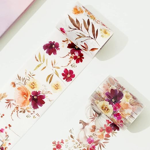 WT Autumn Rose Wide PET Tape, Single Roll, Original Designs, Floral Decorative Tape, Transparent Craft Tape for Bujo Planner & DIY Supplies, Watercolor Flowers