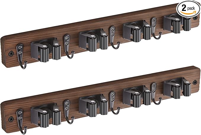 OUTNILI 2 Pack Mop Broom Holder Wall Mount - Wood Broom Mop Hanger - Wall Mounted Garden Tool Rack Organizer for Closet Garage Laundry Room Farmhouse Rustic Kitchen Decor With 4 Slots & 4 Hooks