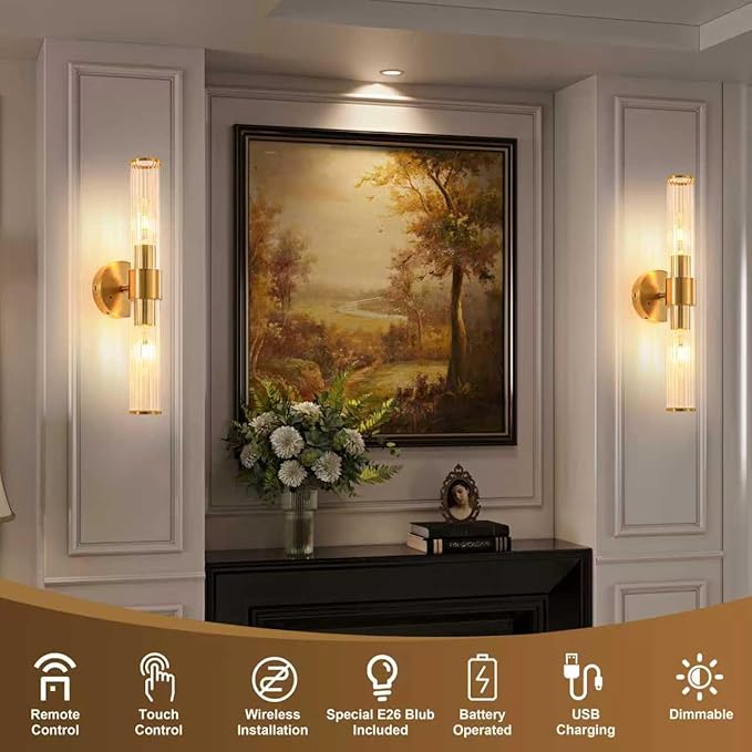 Morauroral Gold Battery Operated Wall Sconces Set of Two, Rechargeable Wall