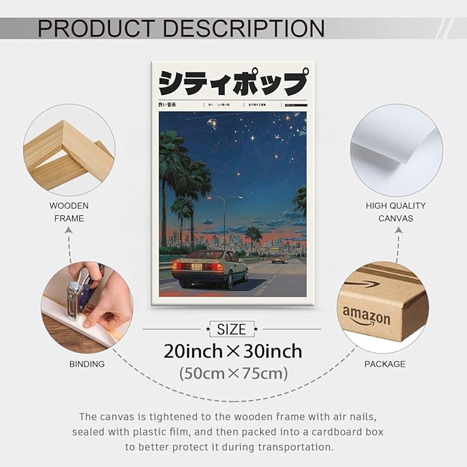 Vintage Japanese Framed Wall Art 90s Vaporwave Aesthetic Print Asian Music
