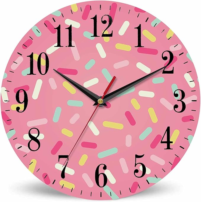 Mxocom Pink Donut Glaze Wall Clock Ice Cream Chocolate Colorful Sprinkles 10
