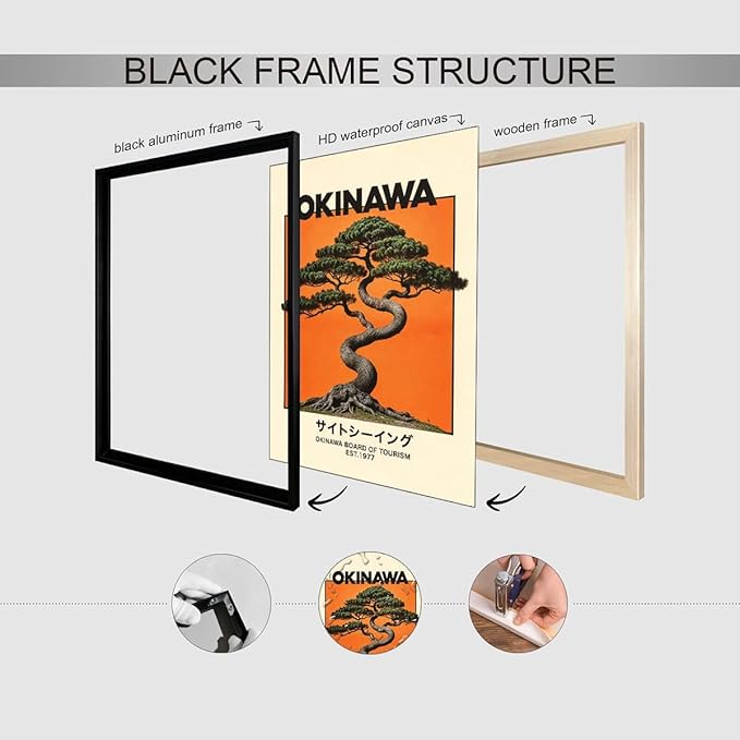 Japanese Black Framed Wall Art Okinawa Prints Vintage Japanese Bonsai Tree