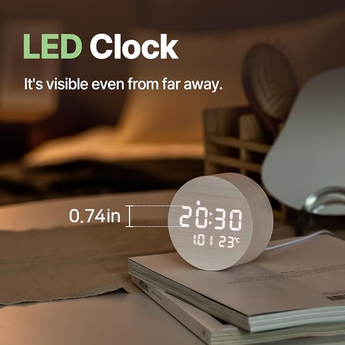 FLT Moonfall Wood Interior LED Desk Clock-Khaki (Designed in Korea)- Time, Date, Temperature Display, Customizable Alarms, Auto Brightness, Compact 3.46-Inch Size, USB Cable & Adapter Included