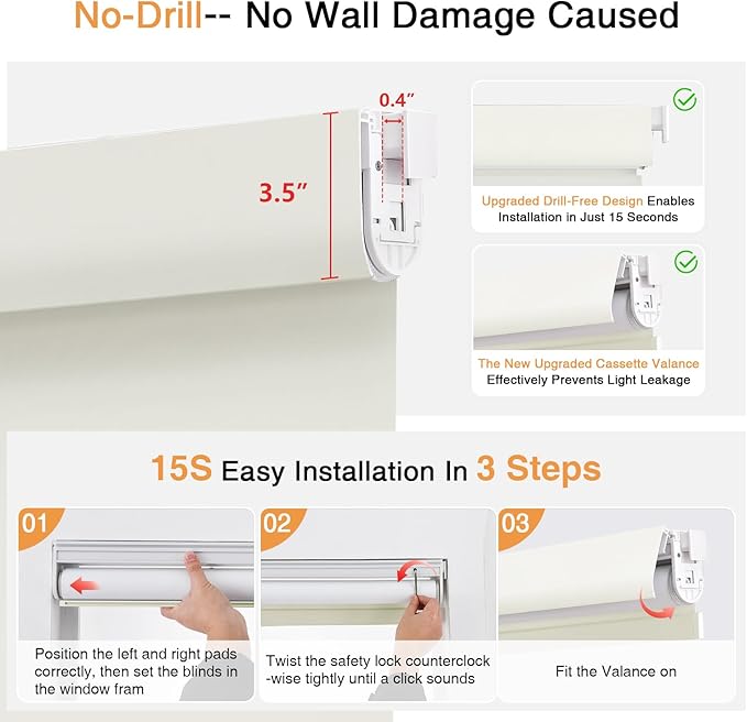 AOSKY No Drill Cordless Blackout Roller Shades