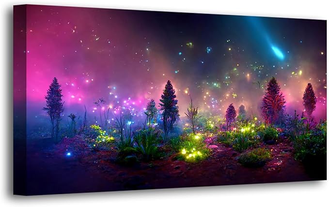 Fantastic Starry light Canvas Wall Art for Living room Office Bedroom Purple Dream Wall Art Print Paintings Modern Forest Fog Pictures Wall Decor Artwork Waterproof Ready to Hang - 70in * 35inch