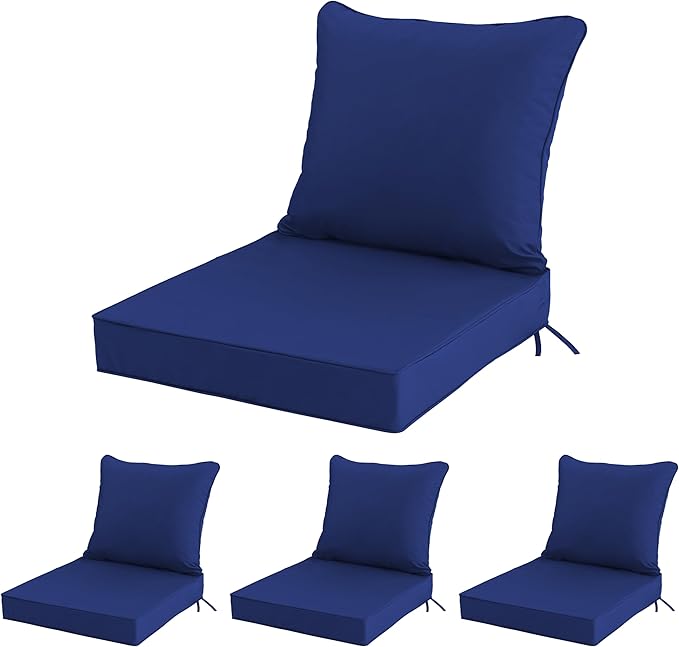 19x19 Inch Patio Chair Cushions Set of 4, Outdoor Furniture Cushions - Removable Cover, Water-Repellent, Fade-Resistant, Non-Slip Bottom & Straps, Replacement for Lawn, Porch & Deck Chair - Navy