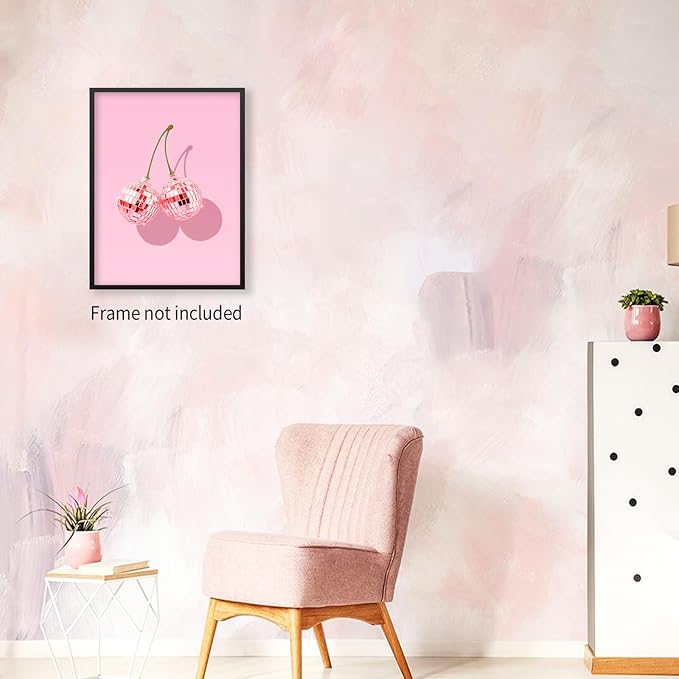 jkahh Pink Disco Ball Cherry Poster Retro Funky Preppy Fruit Wall Art Trendy