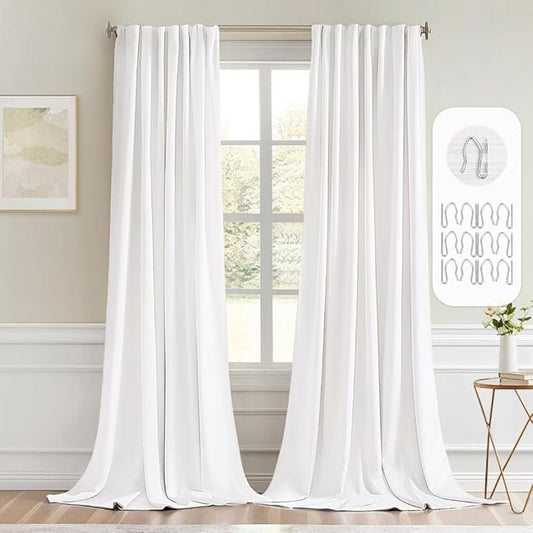 MIULEE Pure White Back Tab Blackout Curtains 102 Inch Long 2 Panels Set
