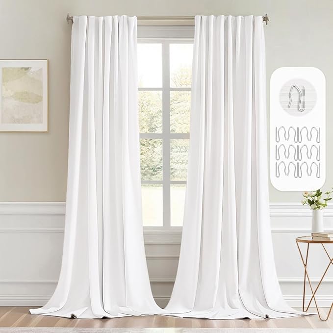 MIULEE Pure White Back Tab Blackout Curtains 108 Inch Long 2 Panels Set