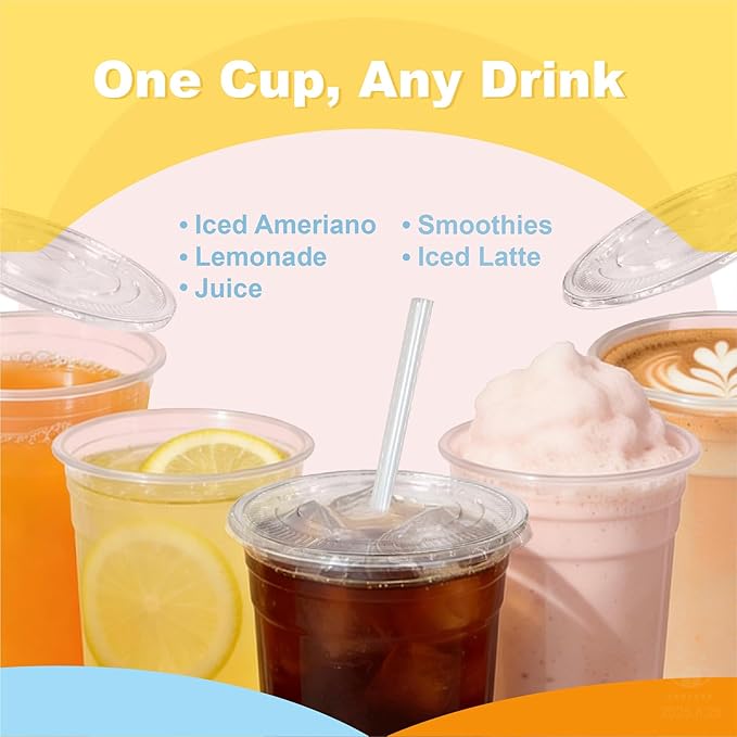 Coolcap 12 oz 100 Pack Disposable Clear Plastic Cups with Lids and Straws, Food Safe Bulk Iced Coffee Cups for Smoothies, Milkshakes and Other Cold Drinks