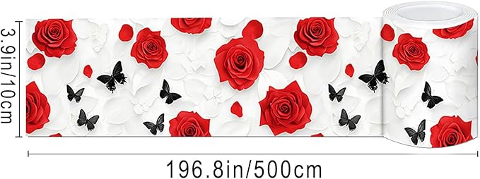 IVN Red Rose Black Butterfly Peel and Stick Wallpaper Border 4 x 196 Inch Self