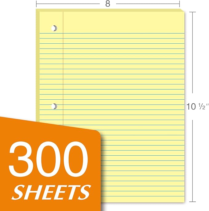 KAISA Loose Leaf Notebook Paper, College Ruled, 300 Sheets Per Lined Paper, 8" x 10.5", 3 Hole Punched for 3 Ring Binder, Canary, Made In USA