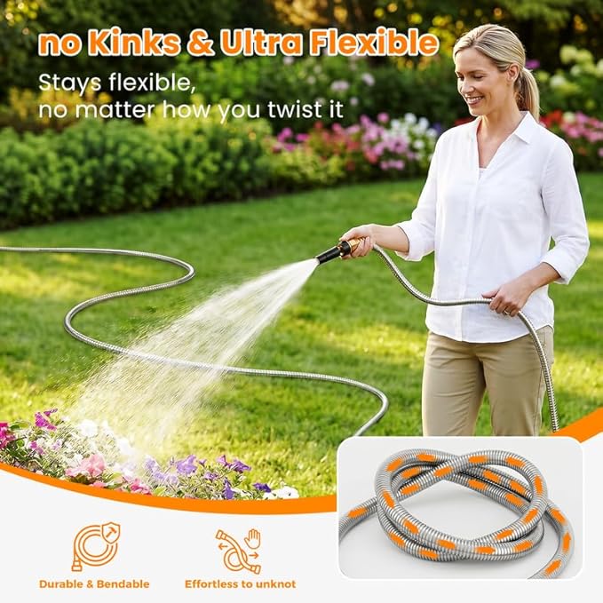 Rosy Earth Metal Garden Hose 200 FT - 304 Stainless Steel Water Hose 200 FT - Expandable Short Flexible Garden Hose,no Kink Explosion, no Bite