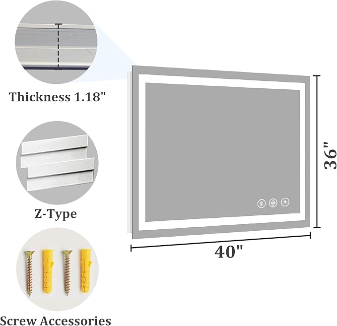 Koonmi 36"x40" LED Mirror for Bathroom, 90CRI Anti-Fog Vanity Mirror