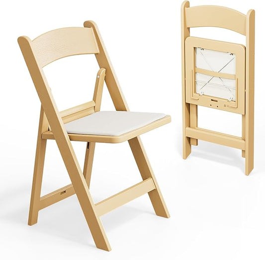 VINGLI Resin Folding Chairs with Cushion, Foldable Plastic Chair with Comfortable Padded Seats, Perfect for Event Party Indoor Outdoor, Natural, 2 PC