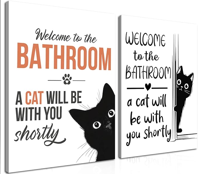 MUWAK Funny Welcome to the Bathroom Slogan Wall Art Set of 2 – Cat will Be