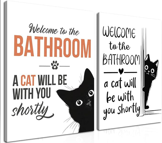 MUWAK Funny Welcome to the Bathroom Slogan Wall Art Set of 2 – Cat will Be
