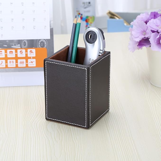 KINGFOM PU Leather Square Pens Pencils Holder Cup Desktop Stationery Organizer Case Office Accessories Container Box Brown