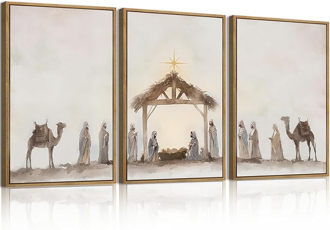 Anyzal Large Jesus Framed Wall Art 16x24 Inch Easter Catholic Nativity Scene Canvas Wall Decor Christian Religious Painting for Living Room Bedroom Dining Room Set of 3