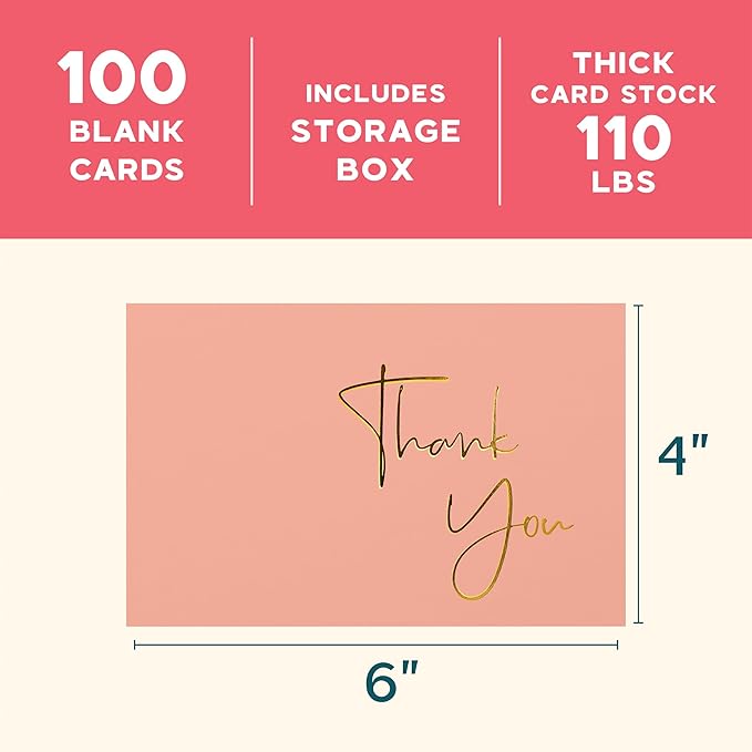 VNS Creations Gold Foil Thank You Cards With Envelopes Bulk Set & Stickers - 100 Pack 4x6 Blank Thank You Notes Box Set - Large Note Card Small Business, Wedding, Baby Shower & Bridal Shower - Peach