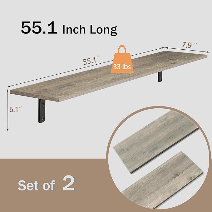 DINZI LVJ Long Wall Shelves, 55.1Inch Wall Mounted Shelves Set of 2, Extra