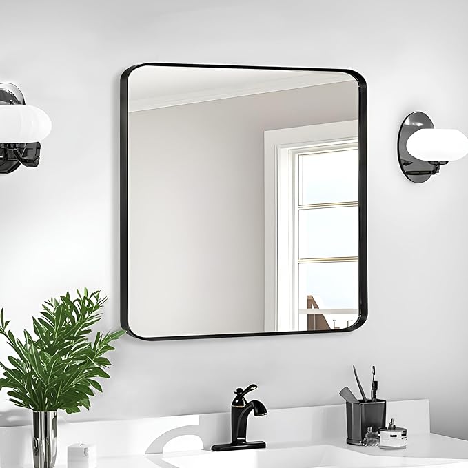 Wall Mount Mirror for Bathroom, Brushed Black Metal Framed Rounded Corner