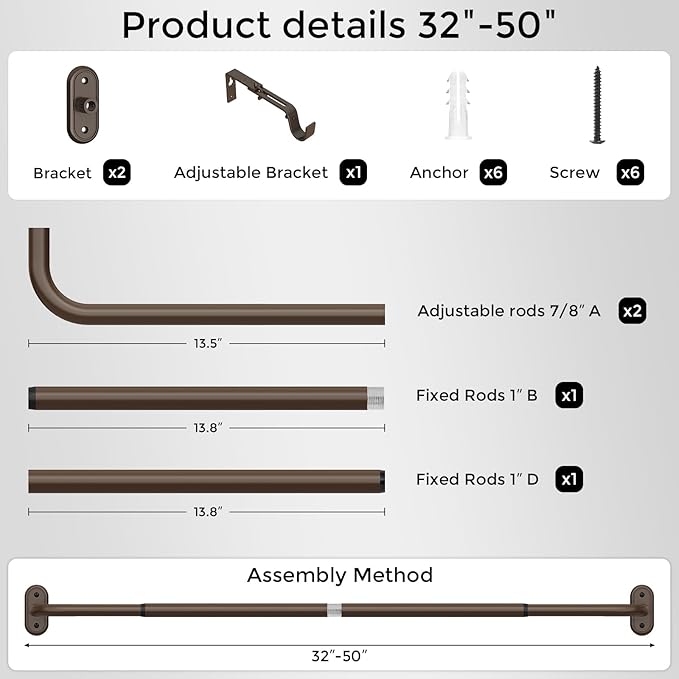 Curtain Rods 32-46 Inch, Bronze Wrap Around Blackout Curtain Rods
