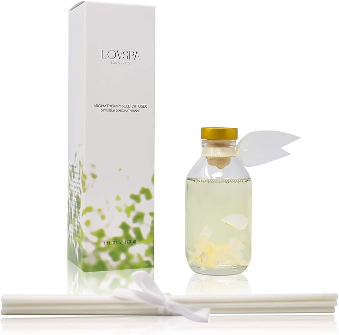 LOVSPA Reed Diffuser Set, Jasmine Vanilla Scented Oil Diffuser with Sticks, Home Fragrance Accessories for Bathroom Shelf Decor, Aroma Diffusers for Home or Office Desk, USA Made
