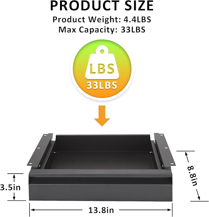 POPMOON Under Desk Drawer For Desk 13.8 * 8.8 * 3.5 in, Pull out Storage Organizer with Slide Extension Mounted Under Flat Wooden Table or Workbench, Carbon Steel Hidden Desk Drawer