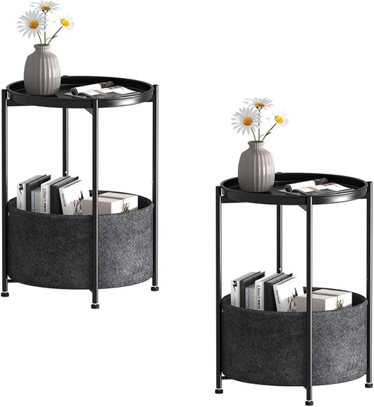 Garden 4 you Small Side Table, Mini Round End Table, Black Tray Table with Fabric Storage Basket, Modern Nightstand for Living Room, Bedroom, Patio, Small Space, 2pcs