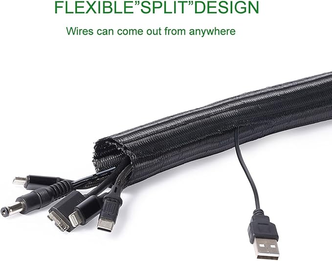 2pcs 5ft-3/4inch Black/White Cable Sleeve - Protects Cords from Pets & Organizes Wires - Modern Style - Polyester Material - Flame Retardant - Easy to Use & Cut (Black, 5ft-3/4inch)