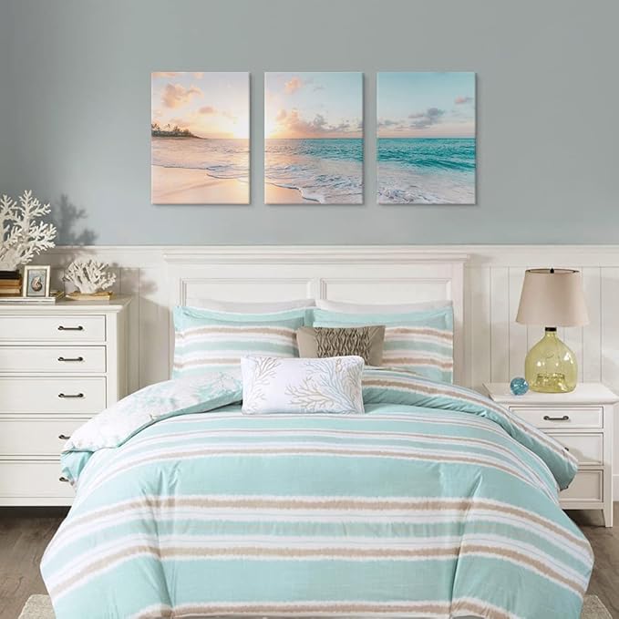 Goldfoilart 3 Pieces Beach Wall Art Sunset Bathroom Canvas Pictures Ocean Wall