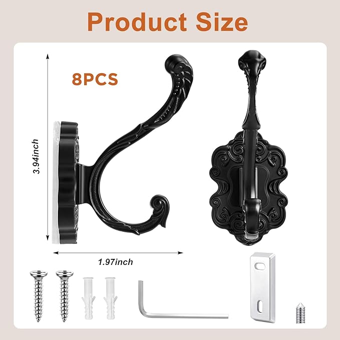 Zonon 8 Pcs Black Wall Hooks Set Vintage Coat & Towel Hooks