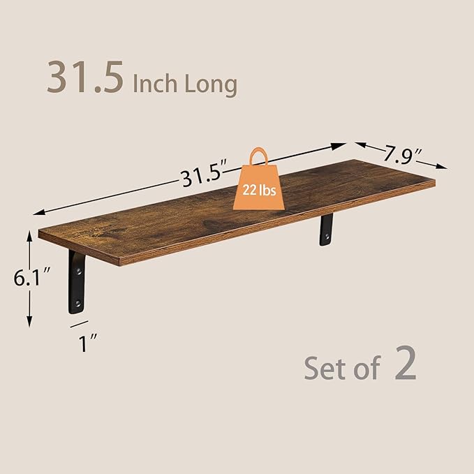 DINZI LVJ Long Wall Shelves, 31.5 Inch Wall Mounted Shelves Set of 2,