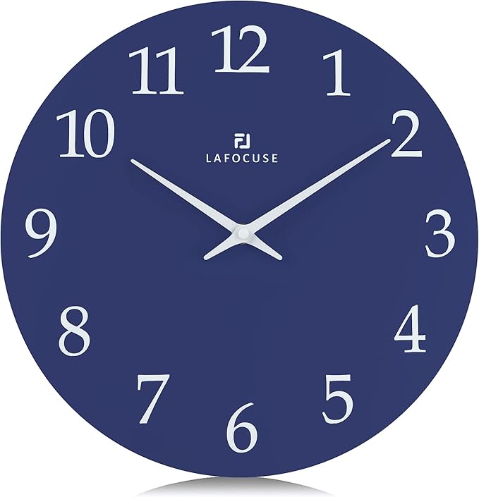 Lafocuse 12 Inch Wooden Navy Blue Wall Clock Battery Operated, Simple