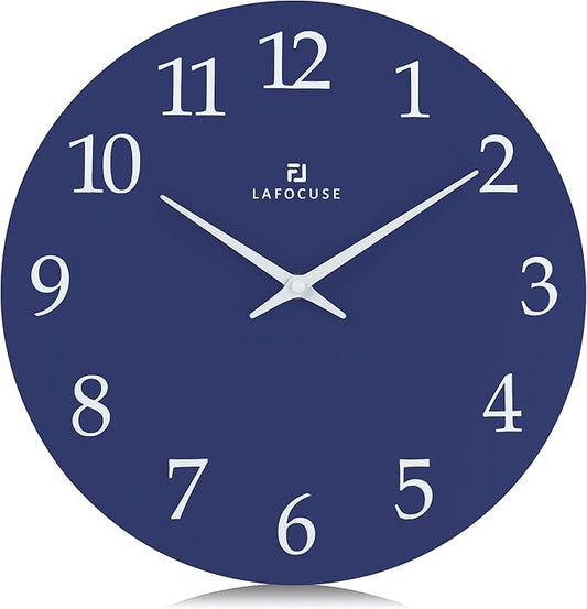 Lafocuse 12 Inch Wooden Navy Blue Wall Clock Battery Operated, Simple