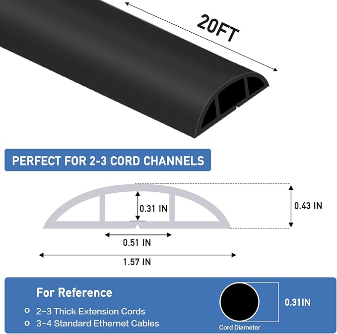 Floor Cord Cover Self Adhesive Cord Hider Floor Extension Cord Covers for Floor Power Cord Protector Cable Management Prevent Cable Trips Cable Cavity 0.51" W x 0.31" H (Black, 20Ft)