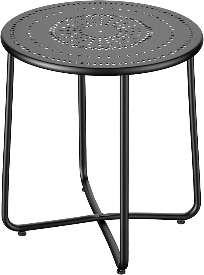 Outdoor Side Table, Small Patio Table Waterproof Round Metal Weather Resistant Outside End Table for Balcony Bistro Porch Yard Garden Patio, Black