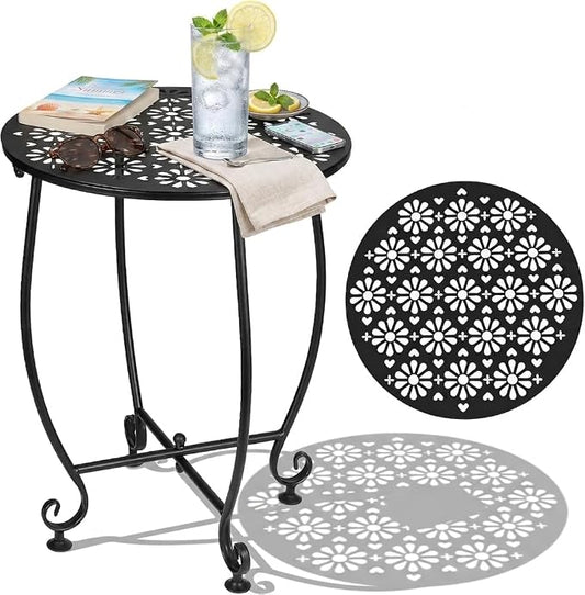 14 Inch Outdoor Metal Side Table, Patio Side Table Weather Resistant Metal Side Table, Small Round Outdoor End Table Plant Stands Table Outside for Patio Yard Balcony Garden Black(Color4-Flowers)