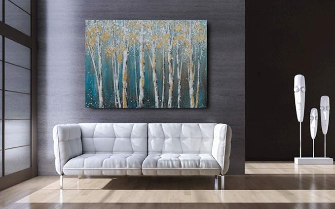 Yihui Arts Birch Tree Canvas Wall Art Hand Painted Teal and White Color Painting