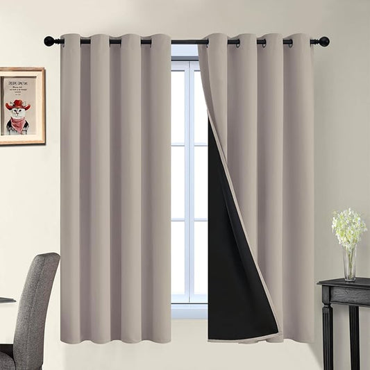 Yakamok 100% Blackout Curtains 63 Inches Long, 2 Thick Layers Heat and Full