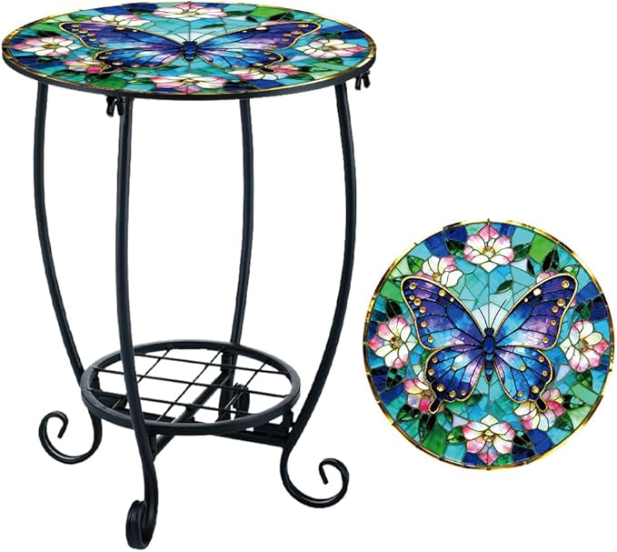 Outdoor Metal Side Table 13.3" W x 16.9" H Small Round Patio Table Printed with Butterfly Pattern for Balcony,Terrace,Garden
