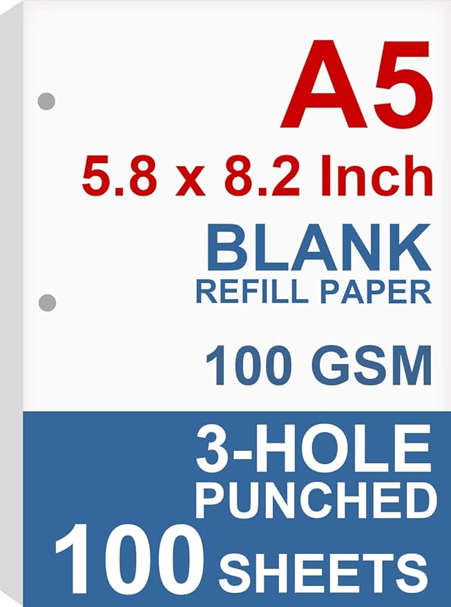 A5 Filler Paper, 3 Hole Planner Refills, Organizer, Binders, Total 100 Sheets/200 Pages, 100gsm, Blank, White Paper, 5.8 x 8.2 Inch, 3 Hole Filler Paper, Mini Binder Refills, Fit 3 Hole Binder Only
