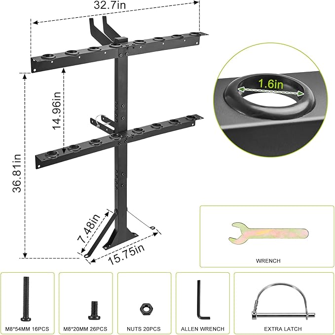 Upgraded Utility Trailer Tool Rack, 8-Hole Shovel and Rake Holder with Rubber Grommets & Brackets, Heavy-Duty Lawn Equipment Organizer for Truck and Open Trailers, Black