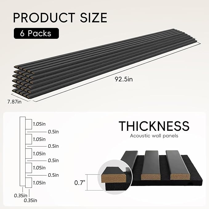 EVERECO 6 Pack Wood Slat Acoustic Wall Panels 92.5" × 7.87", 3D Sound Absorbing