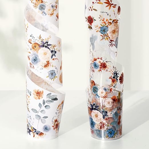WT Dusty Blue & Cinnamon Wide PET Tape, Single Roll, Original Designs, Floral Decorative Tape, Transparent Craft Tape for Bujo Planner & DIY Supplies, Watercolor Flowers