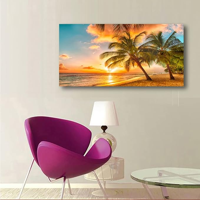 Beach Themed Wall Art Canvas Prints Seascape Picture Bathroom Décor Ocean Tree Sunset Paintings for Living Room Bedroom Office Home Kitchen Decorations Natural Landscape Artwork 20x40 Inches